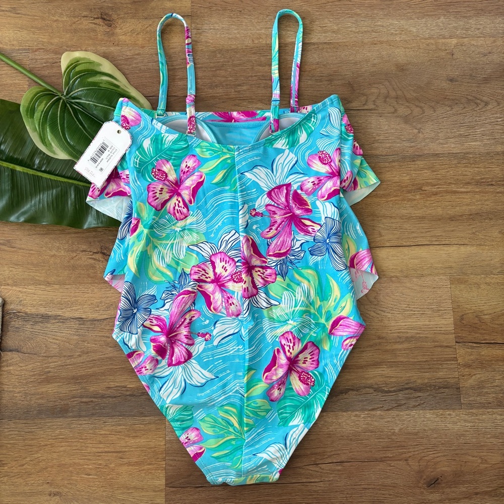 Turquoise Floral Ruffle One-Piece Swimsuit - Picture 4 of 5
